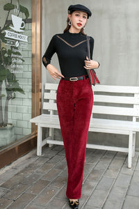 Red Corduroy Pants, High waist Long Corduroy Pants C2547，Size M #CK2101481