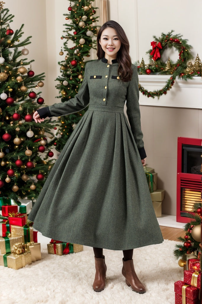 Button front army green winter wool dress C4441