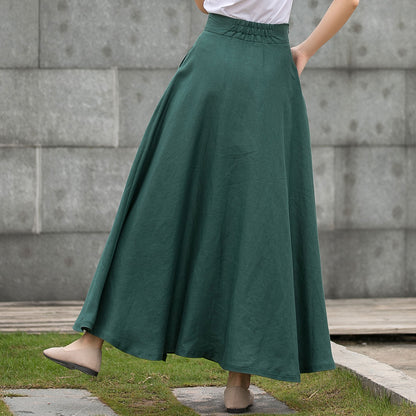 Summer Autumn Women Linen Skirt With Pockets C5145