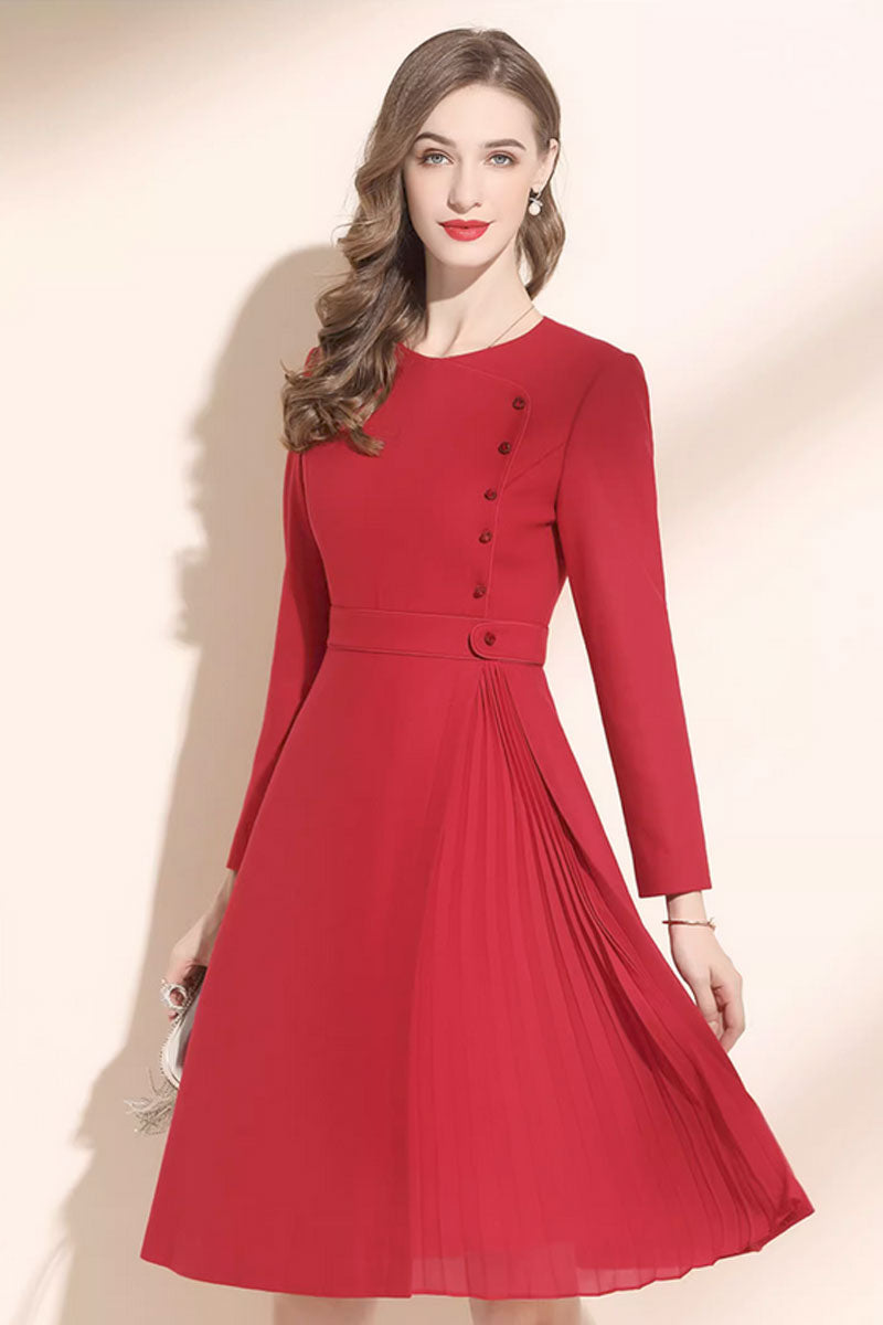 Fit and flare winter red wool dress with long sleeves C3440