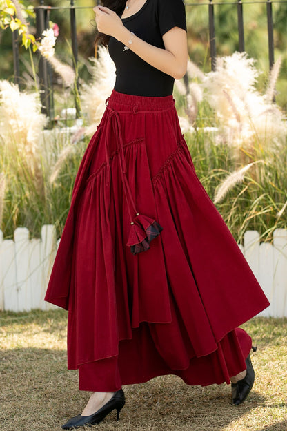 Red Corduroy Maxi Skirt – Elastic Waist Handmade Cotton Boho Skirt, Ylistyle C5441