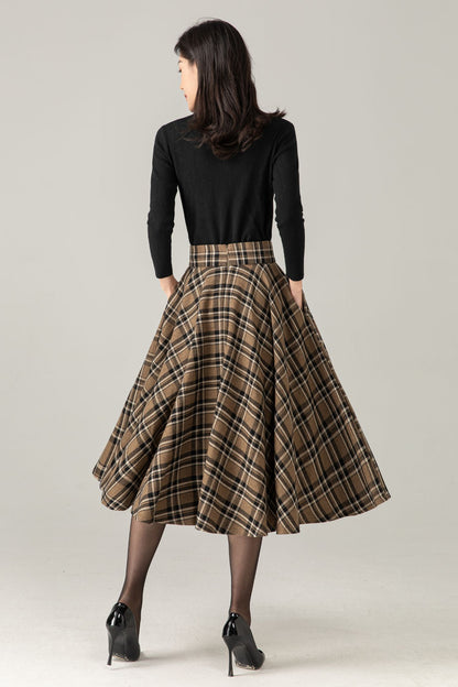 Wool Blend Plaid Midi Skirt : High Waist Swing Circle Skirt, Ylistyle C5375