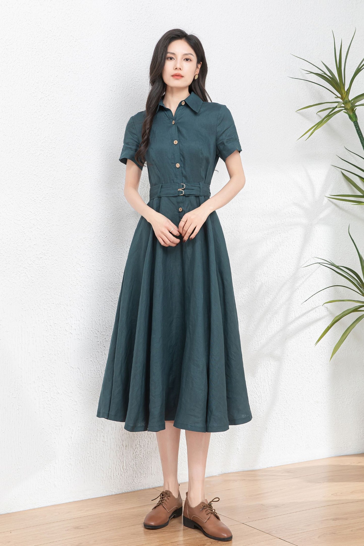 Button Front linen Midi shirt dress C4767