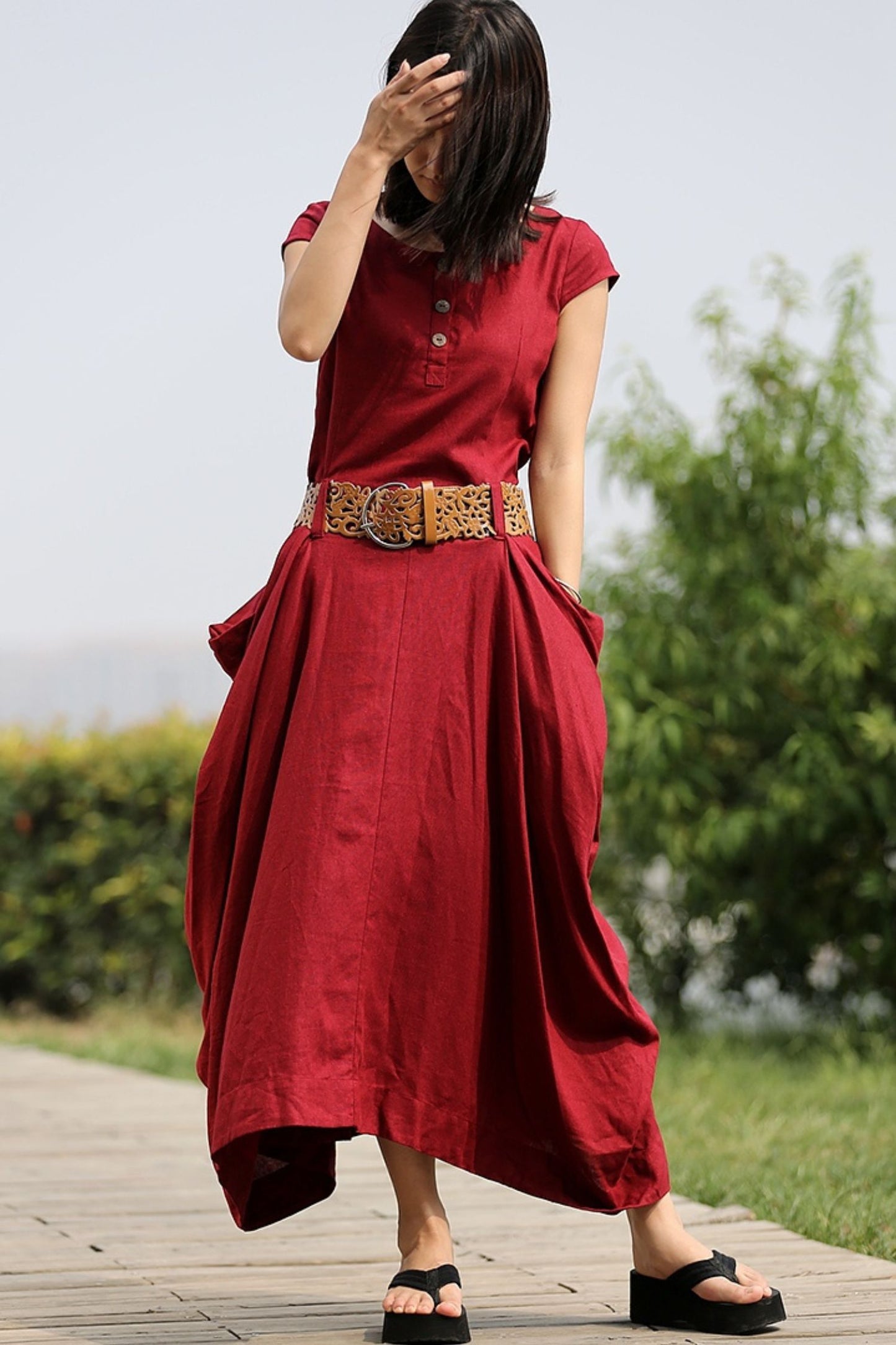 Linen Summer red womens asymmetrica dress C255