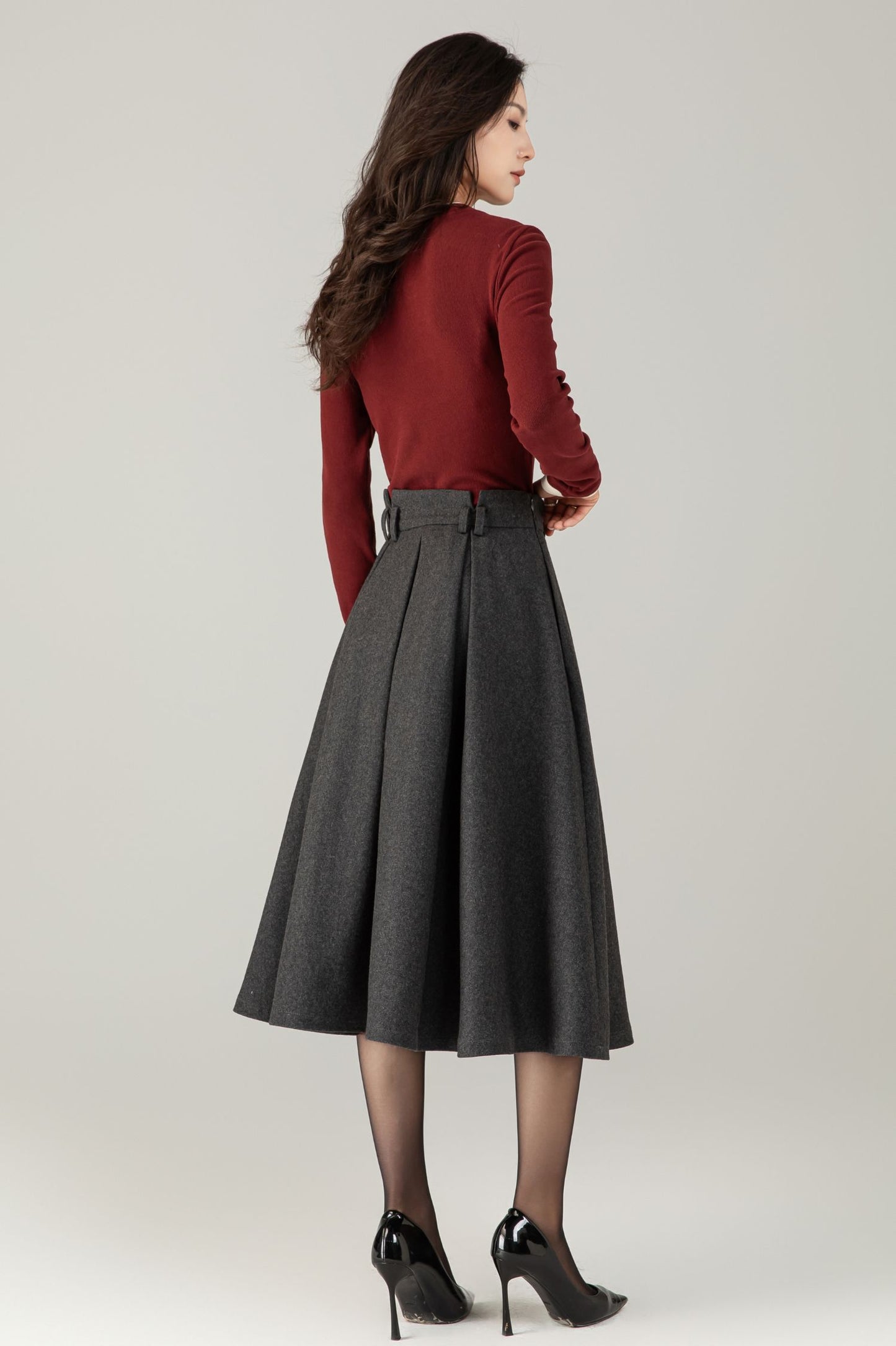 High waist a line gray winter wool skirt C5240