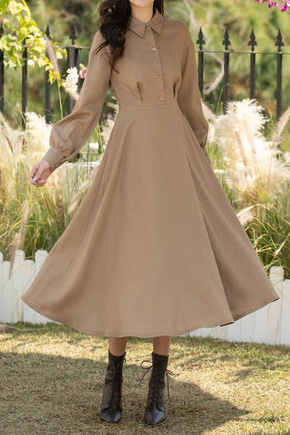 Khaki Linen Cotton Midi Shirt Dress – Casual Loose Fit Spring Dress for Women, Ylistyle C5439
