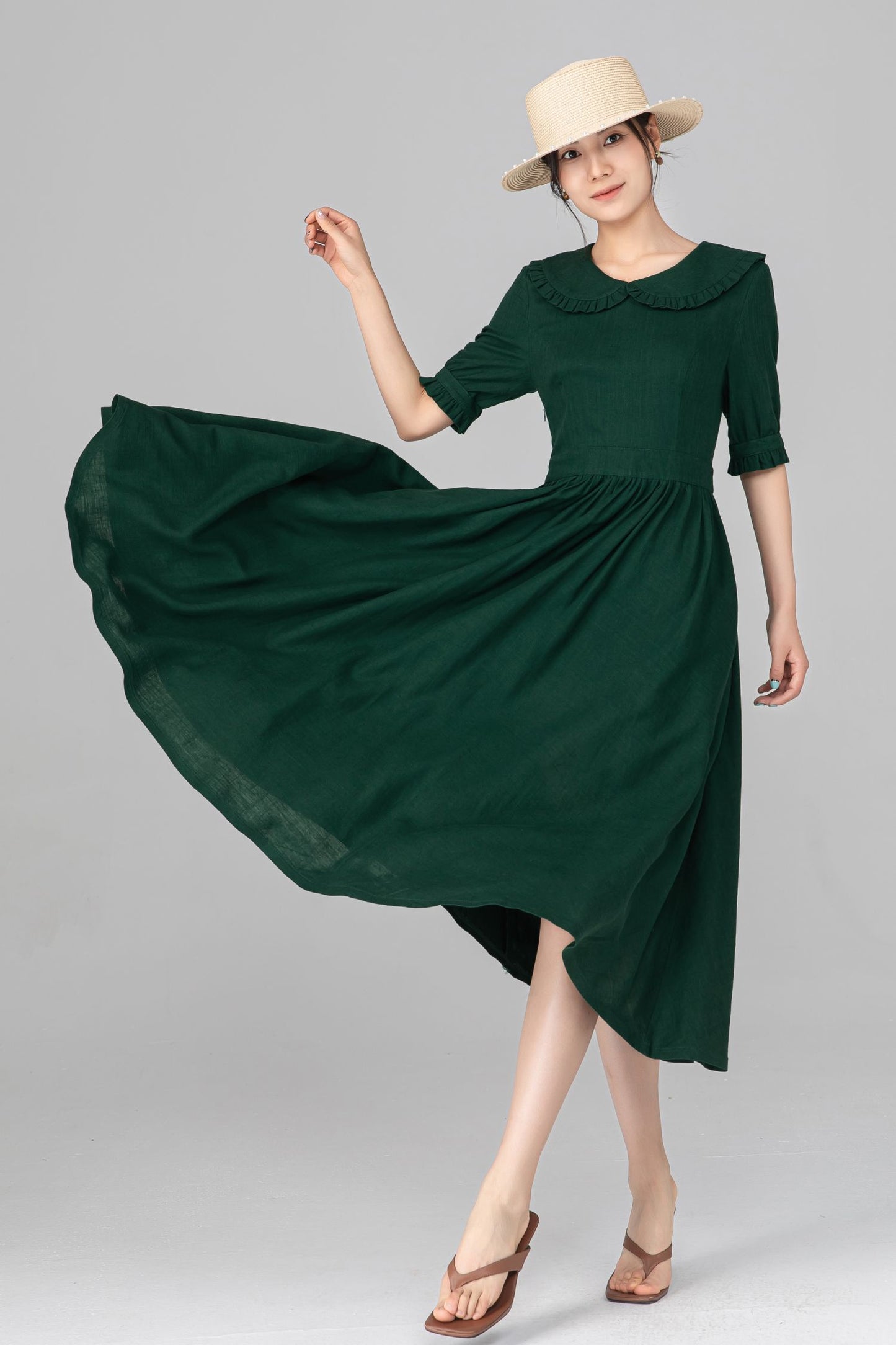 Dark Green Linen Midi Dress - Peter Pan Collar, Puff Sleeve c5515