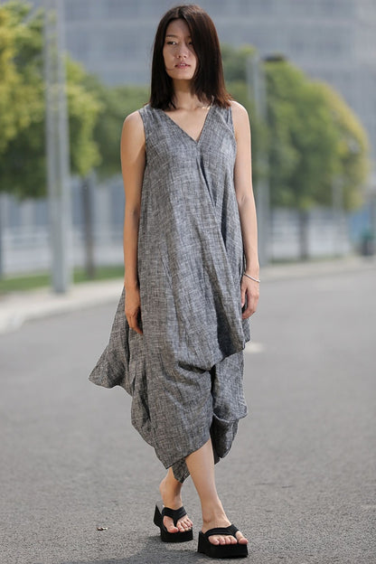 Grey Loose-Fitting V neck Linen Dress C257