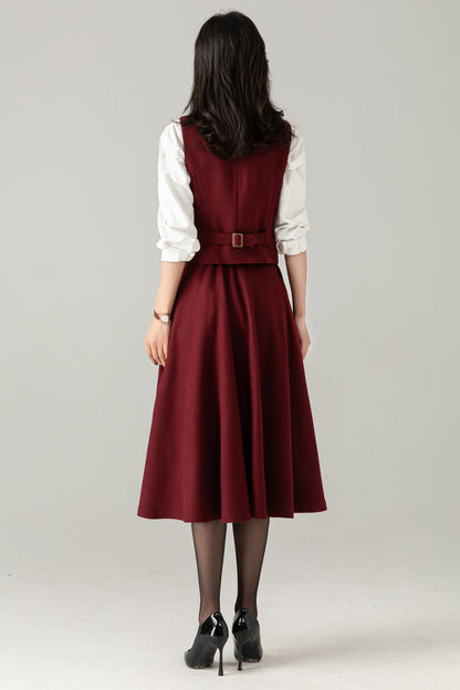 Burgundy Wool Blend Waistcoat: Vintage-Inspired Vest with Adjustable Back Tab, Ylistyle C5370