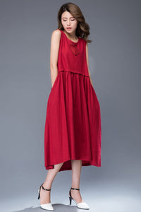 Red linen midi sleeveless loose summer dress C944