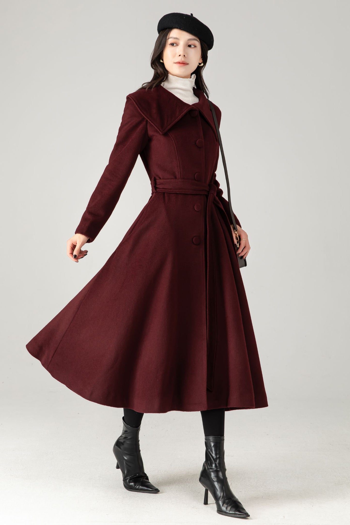 Burgundy Wool Blend Midi Coat: Belted Winter Swing Coat C5337