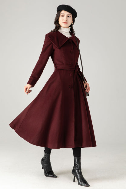 Burgundy Wool Blend Midi Coat: Belted Winter Swing Coat C5337
