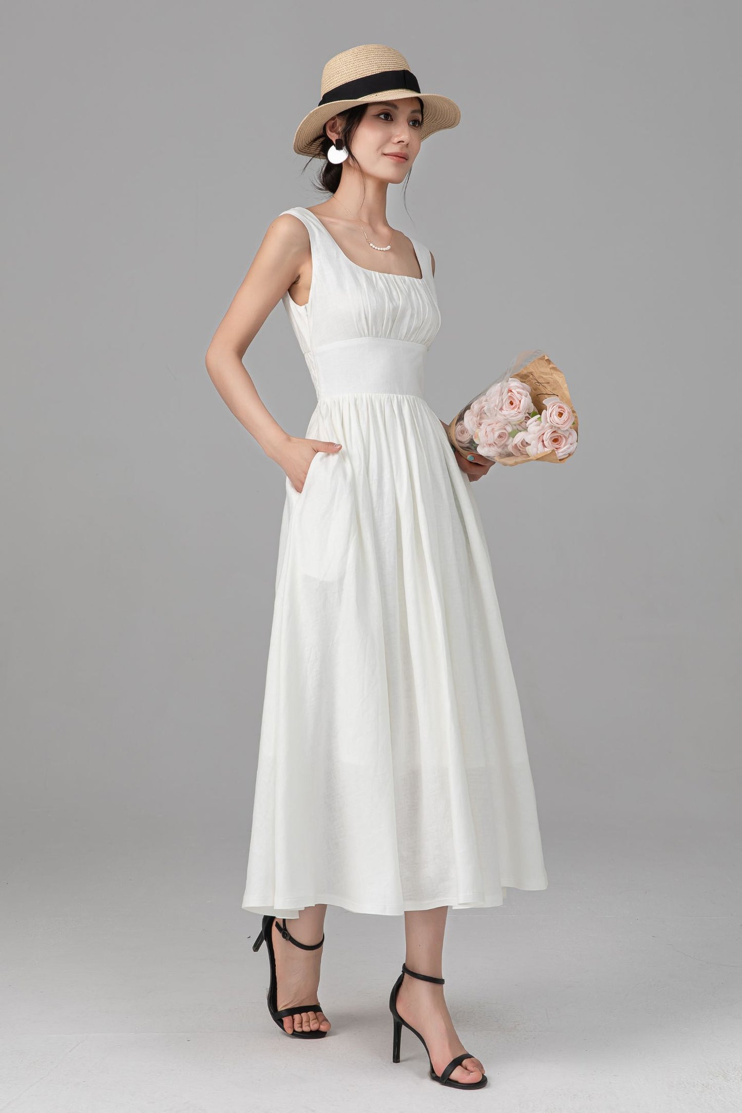 Off White Linen Midi Dress - Sleeveless Square Neck A-Line Silhouette C5525