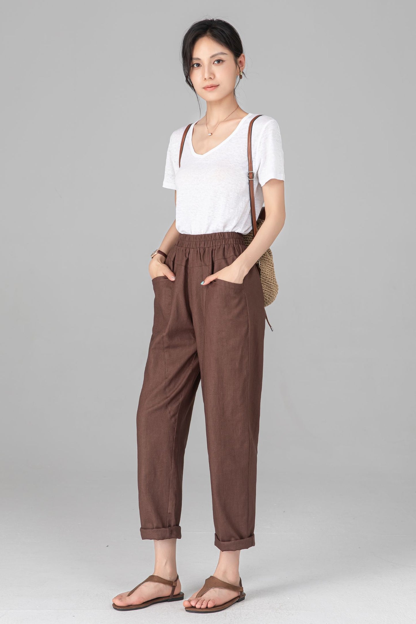 Brown Linen Cotton Harem Pants - Elastic Waist Relaxed Casual Trousers C5523