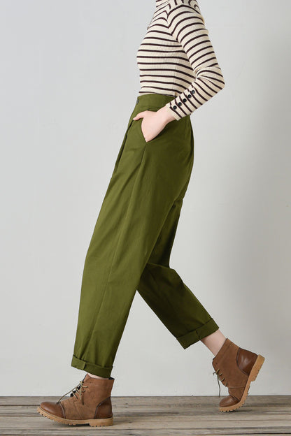 Army green cotton loose fitting pants C4700