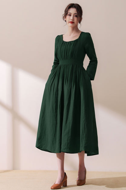 Spring Green Linen Midi Dress C3954