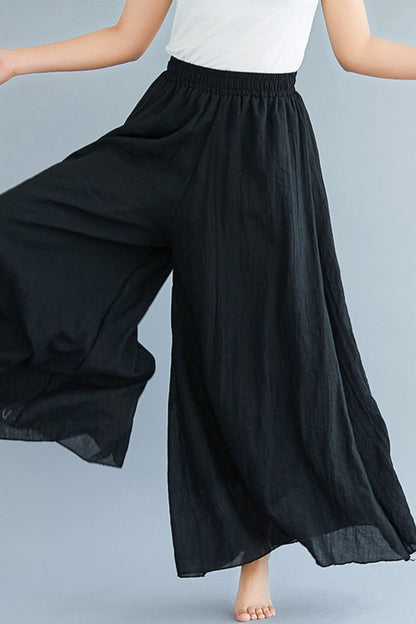 Dark Blue Cotton Linen Wide-Leg Pants - Elastic Waist, Lined TT0053