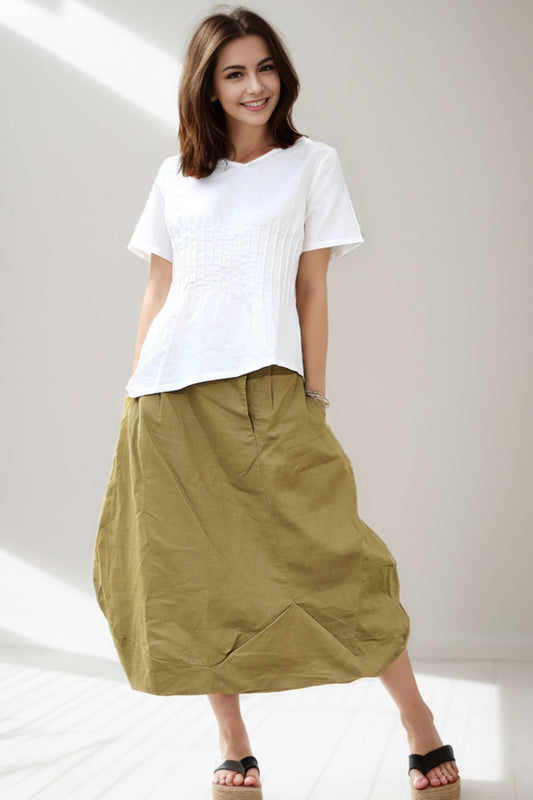Linen Maxi Skirt - Flower Bud Shape Romantic Feminine Trending Womens Skirt C287