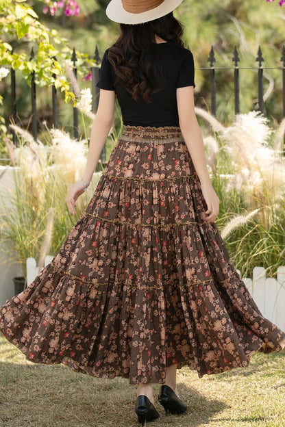 Brown Cotton Maxi Skirt - Floral Print, High Waisted Pleated c5440