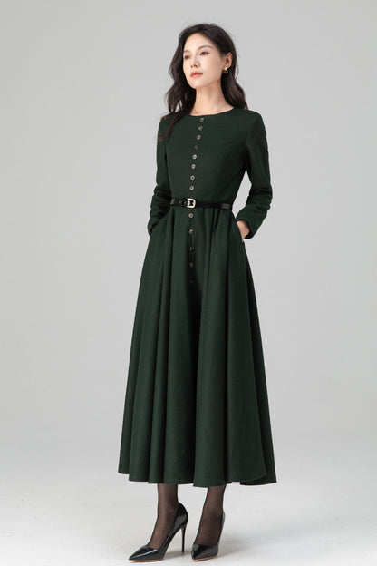 Retro Button Down Dark Green Midi Maxi Wool Dress C5202