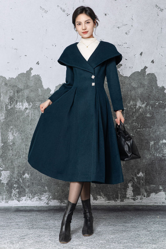 Dark Teal Wool Midi Coat: Large Lapel Tailored Fit & Flare Overcoat, Ylistyle C5480