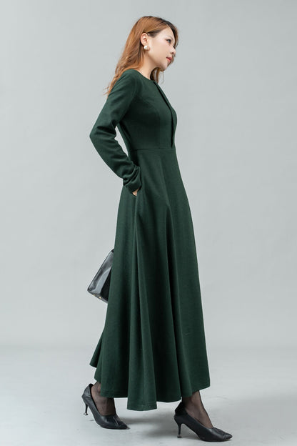 Green maxi winter wool dress women C4443