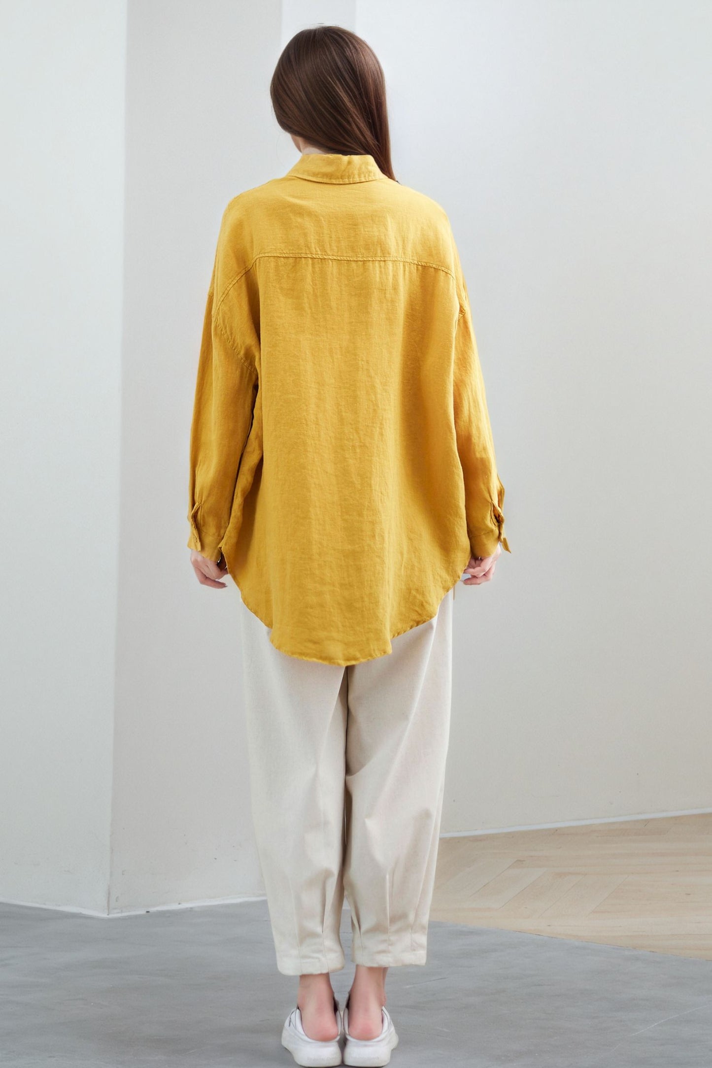 Yellow Linen Oversized Blouse: Women’s Button-Up Shirt with Patch Pockets, Ylistyle C5322
