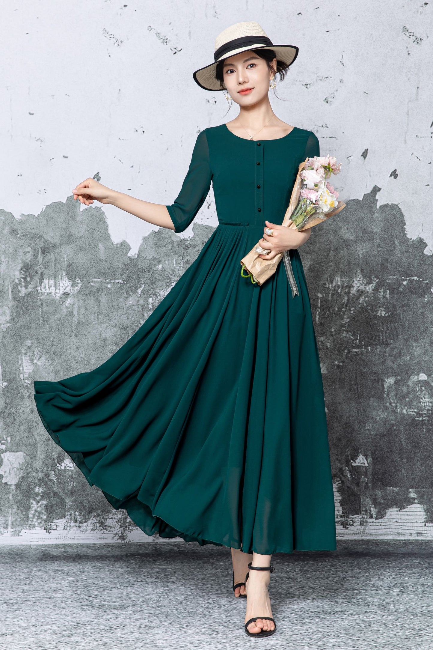 Dark Green Polyester Chiffon Maxi Dress - Pleated Fit-and-Flare with Half Sleeves c5472