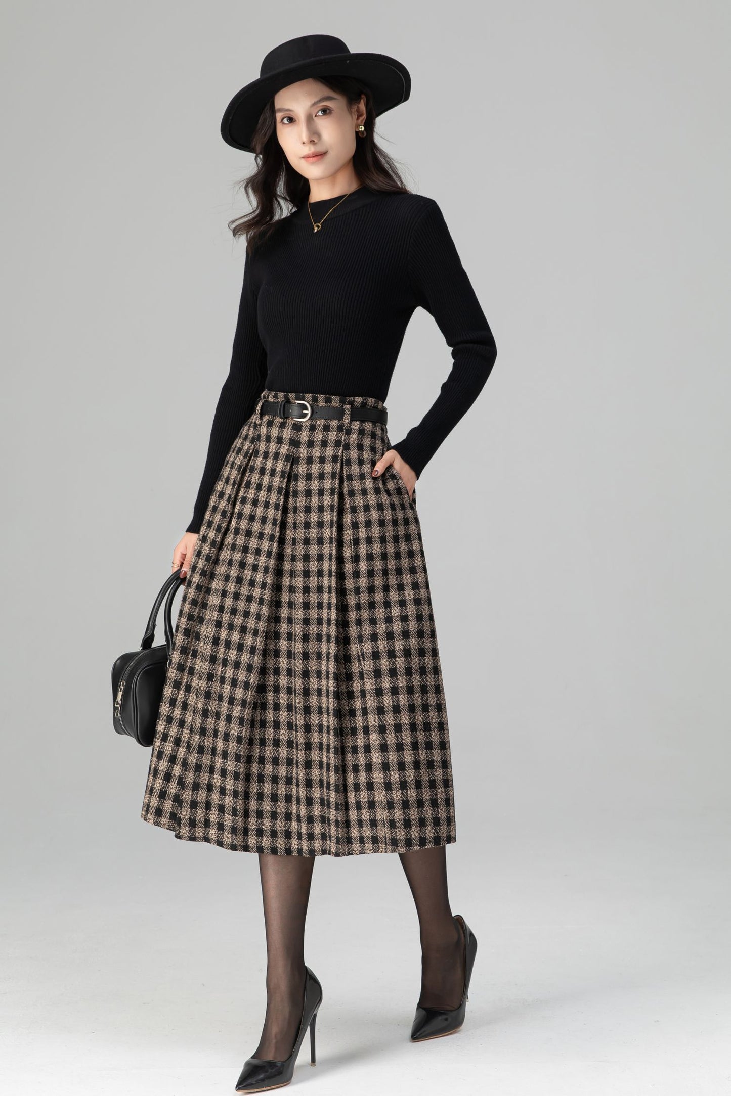 Vintage Pleated Midi Plaid Wool Skirt C5198