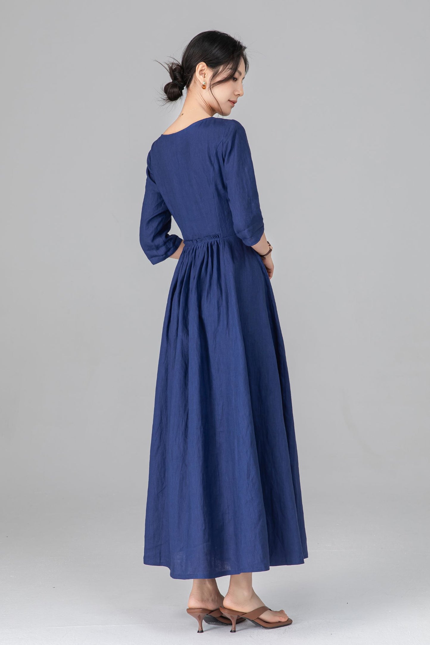 Blue Linen Maxi Dress - Pleated Waist & Button Front | Ylistyle C5514