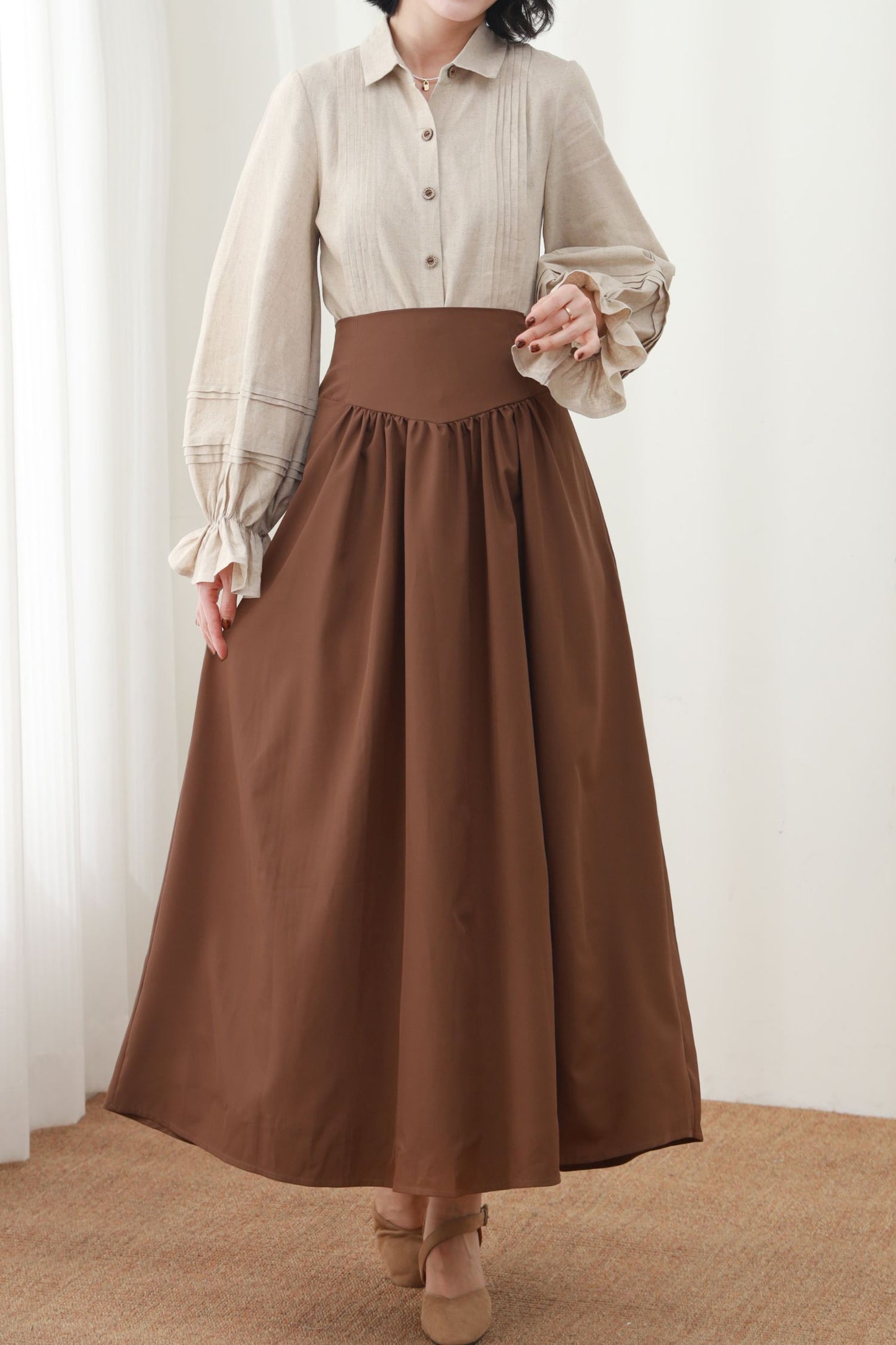 Caramel Linen Maxi Skirt - High Waist Pleated A-Line Silhouette c5452