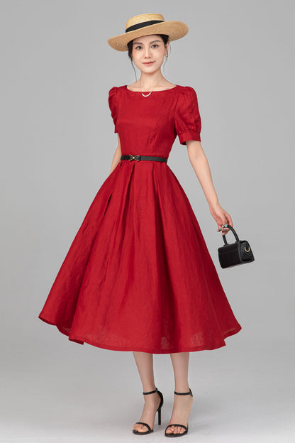 Red Linen Puff Sleeve Midi Dress - A-Line Bow Waist | Ylistyle C5517