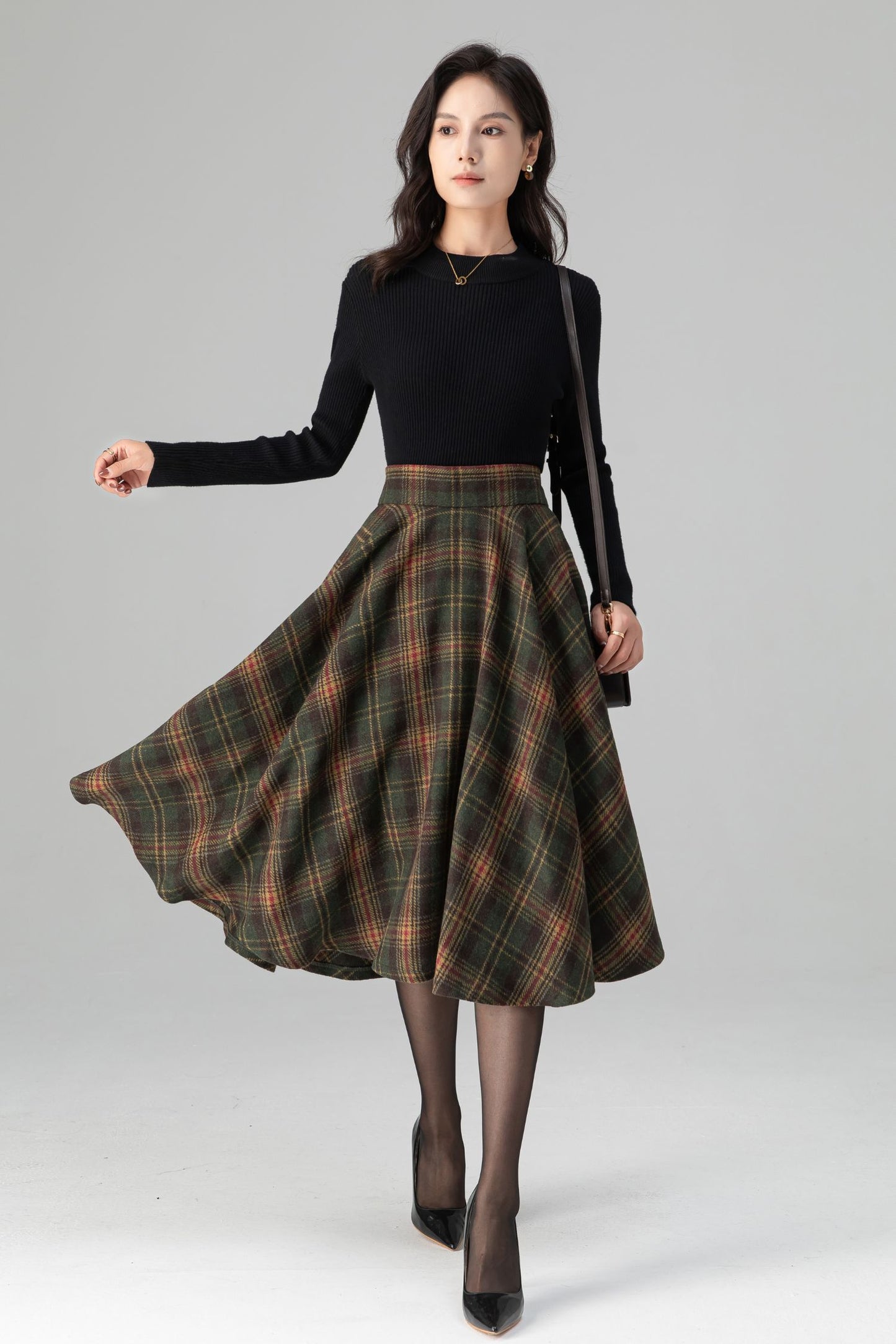 Swing Retro Tartan Midi Plaid Wool Skirt C5197