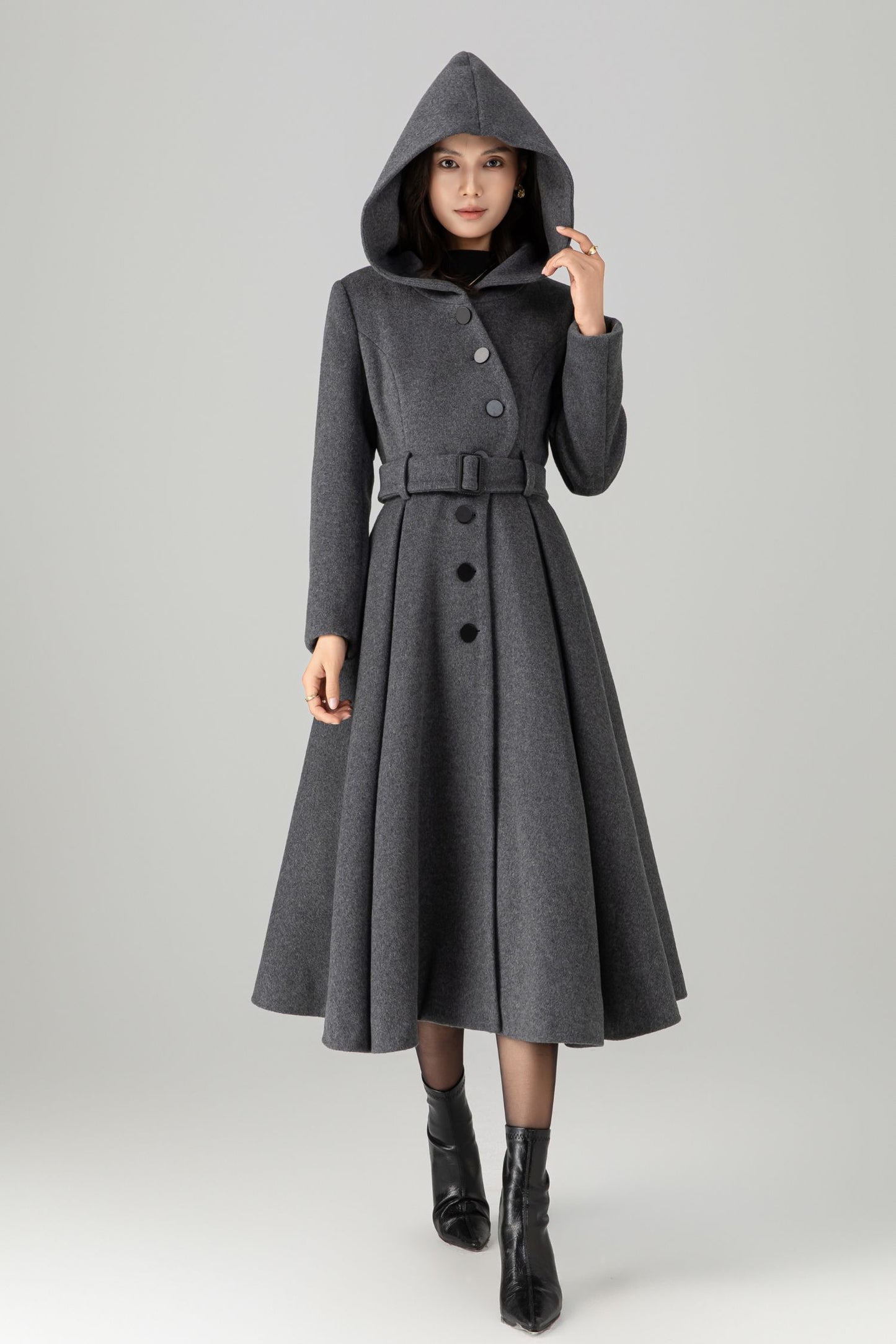Swing gray long hooded wool coat C5269