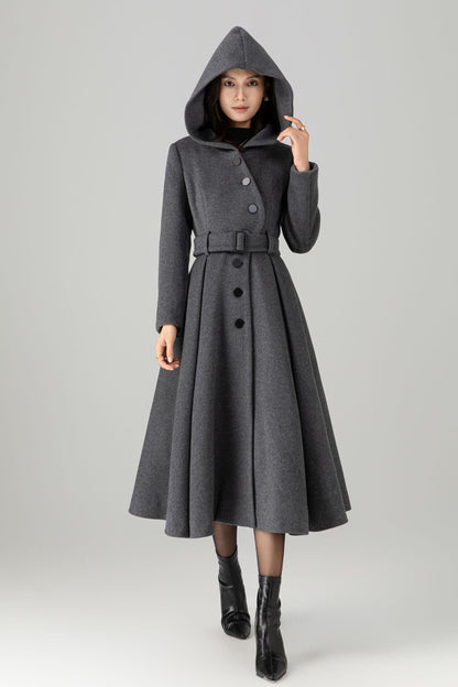 Swing gray long hooded wool coat C5269