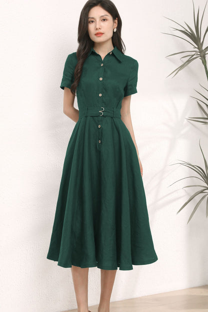 Dark Green Midi Linen Dress c4899