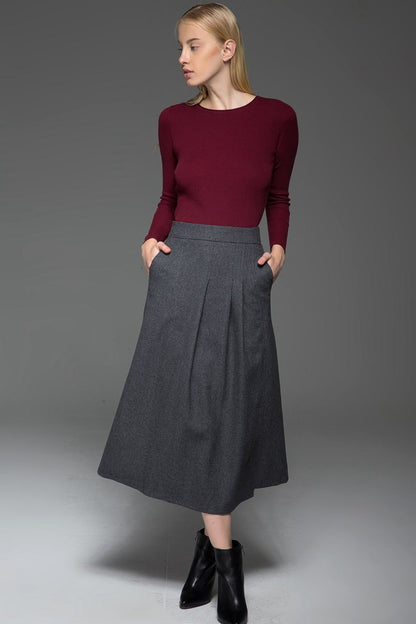 Pleated gray a line winter wool skirt C770