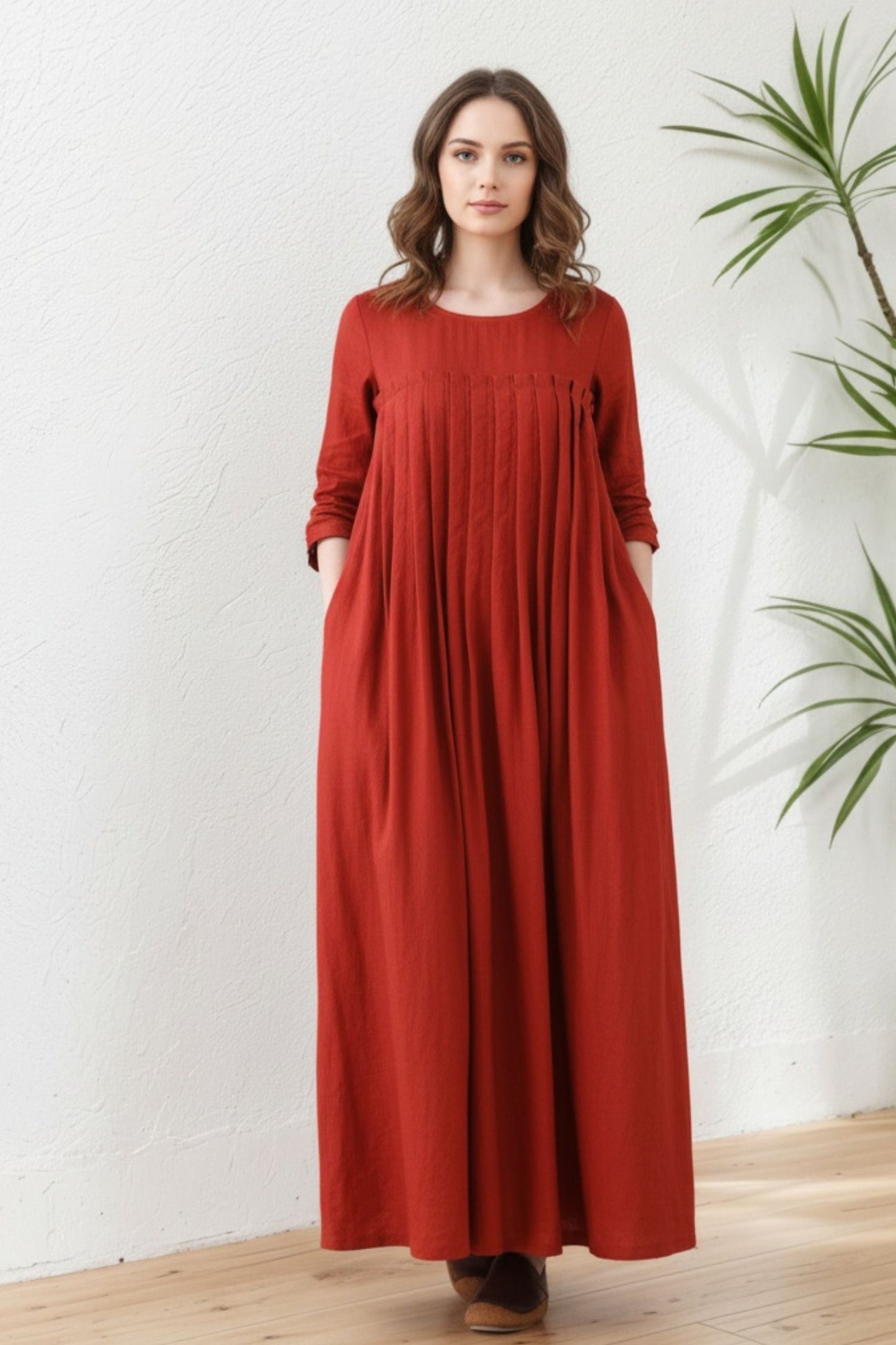 Women Brick Red Pleated Organic Linen dress C5419