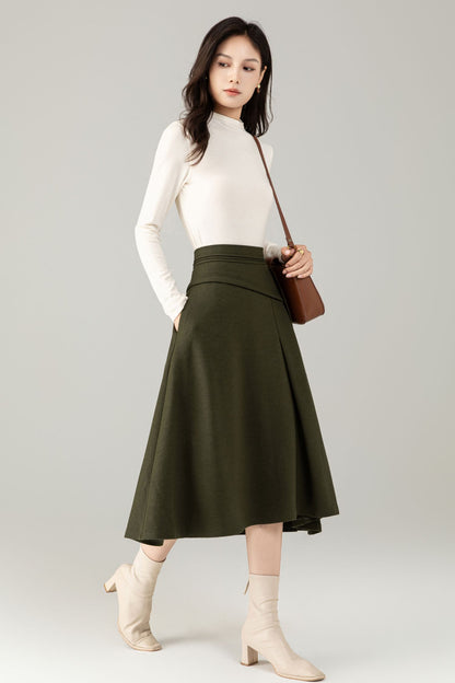 Green Wool Midi Skirt – A-Line Skirt with Pockets C5238
