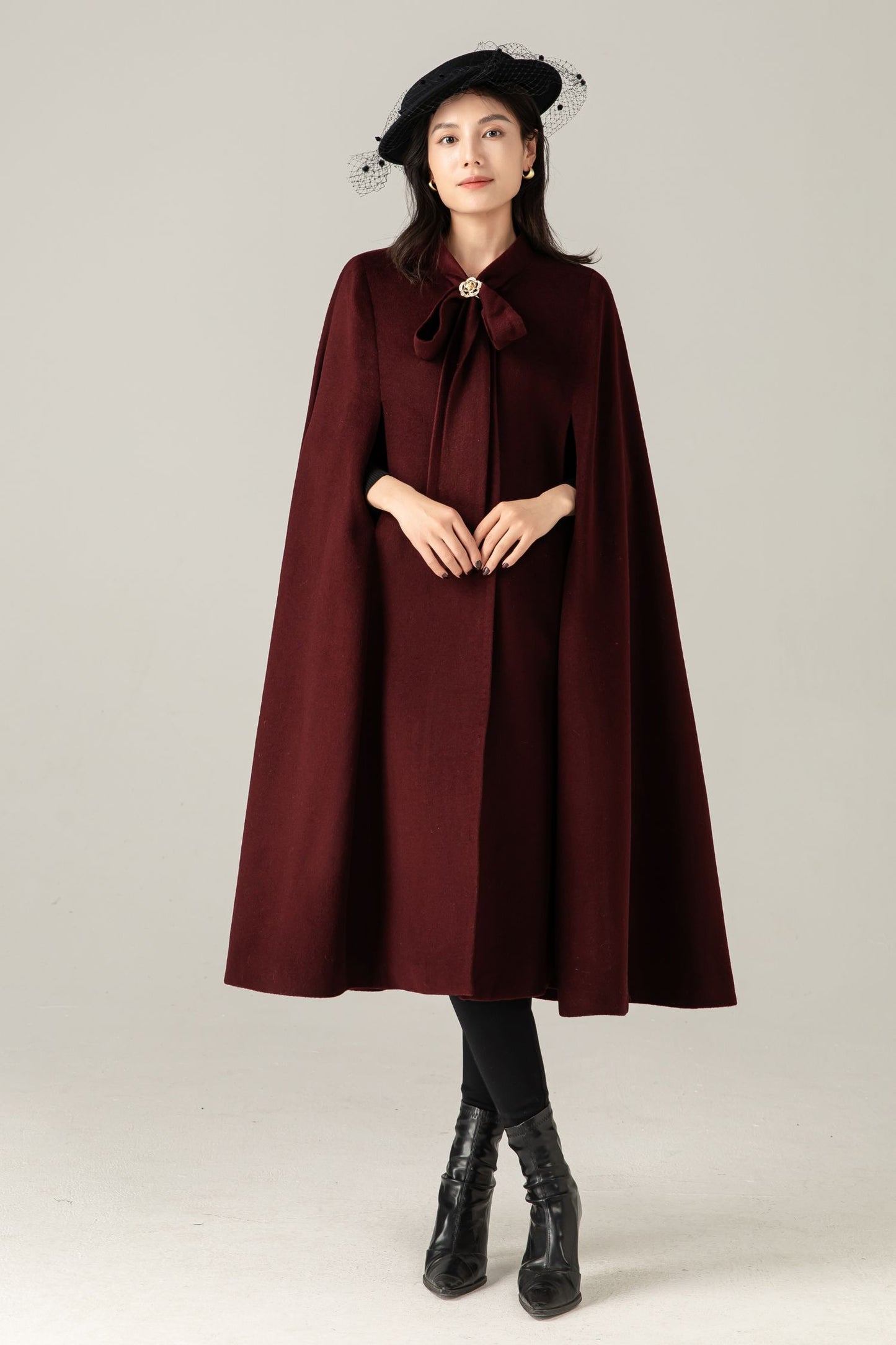 Burgundy Wool Blend Cape Coat: Women Long Winter Cape Outerwear, Ylistyle C5378
