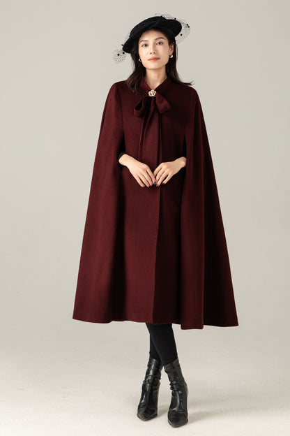 Burgundy Wool Blend Cape Coat: Women Long Winter Cape Outerwear, Ylistyle C5378
