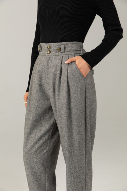 High-Waist Wool Trousers: Vintage Grey Pleated Cuffed Pants C5247