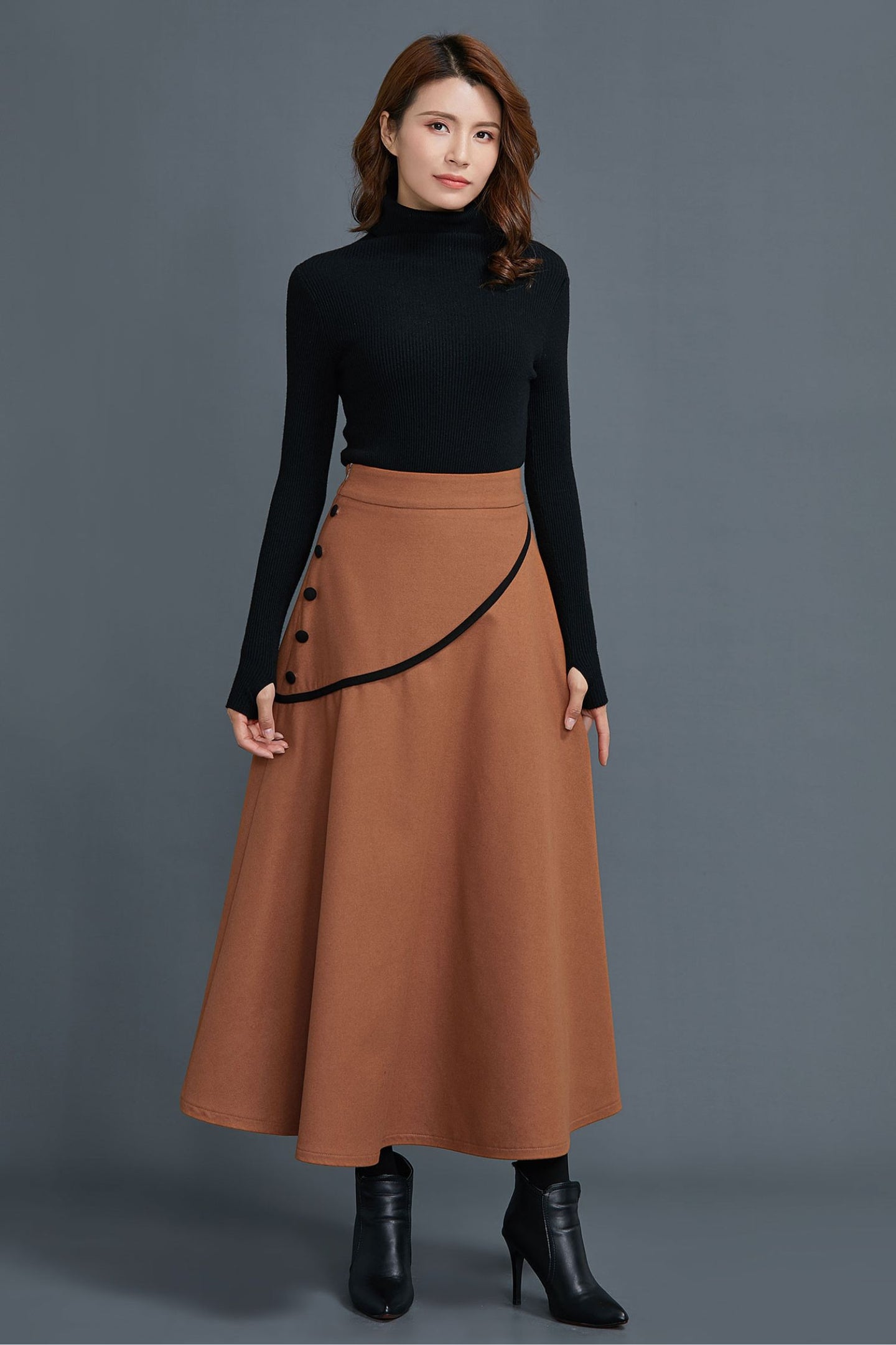 A line midi winter wool skirt women C1663