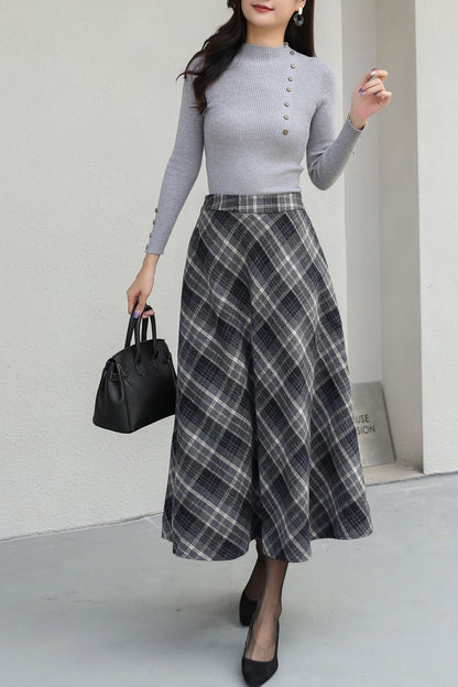 Plus Size Midi Plaid Wool Skirt C5188