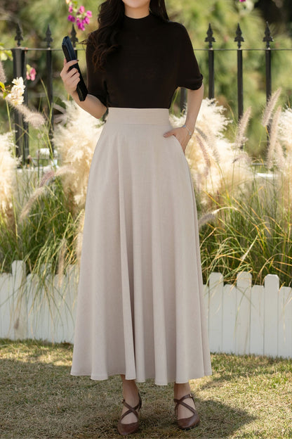 Beige Linen Cotton Maxi Skirt: High Waisted A-Line Summer Skirt, Ylistyle C5443