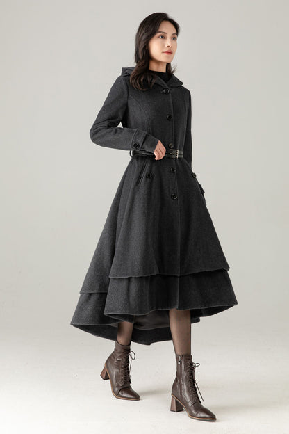 Gray Hooded Wool Blend Coat: Belted High-Low Maxi Swing Winter Overcoat, Ylistyle C5374