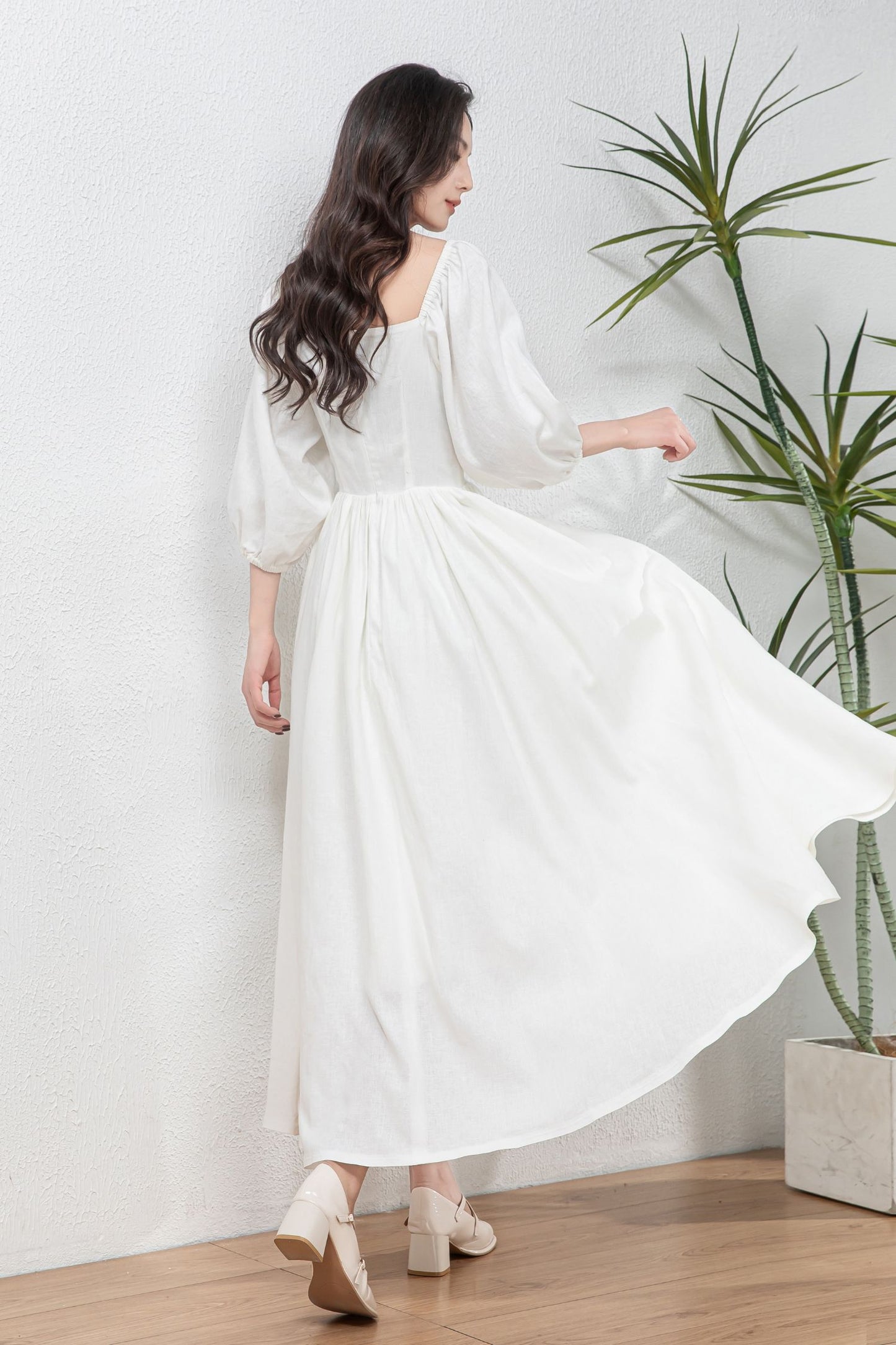 White Linen Swing Dress - Flowy Midi linen Dress C4766