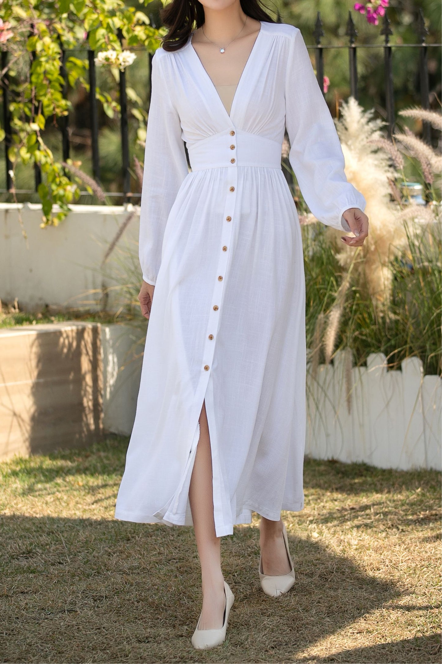 White Linen Cotton Midi Dress: Long Sleeve Button Front A-Line Summer Dress, Ylistyle C5445