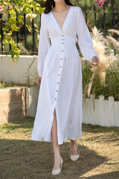 White Linen Cotton Midi Dress: Long Sleeve Button Front A-Line Summer Dress, Ylistyle C5445