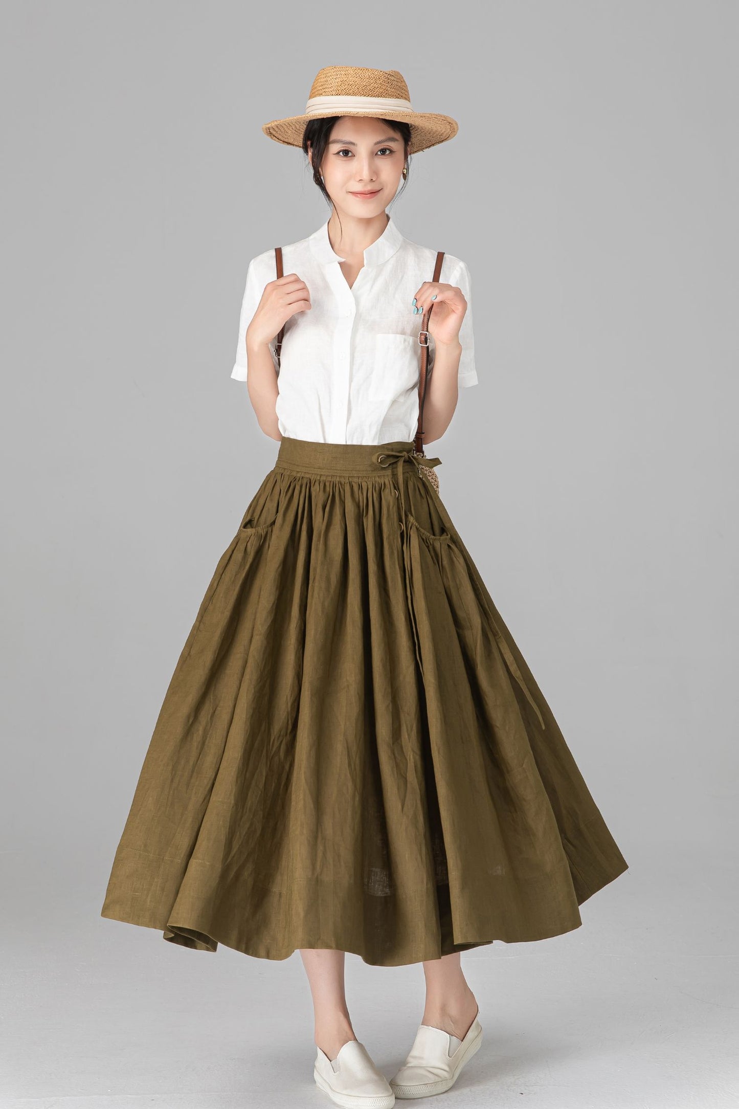 Olive Green Linen Midi Skirt - High Waisted A-Line with Pleats C5522